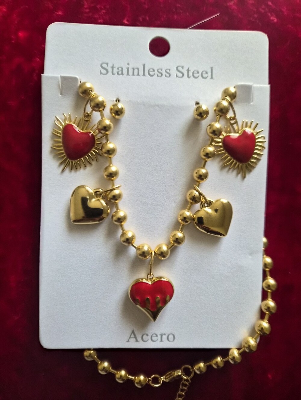 Acer Gold Heart Charm Necklace with Red Enamel Accents
